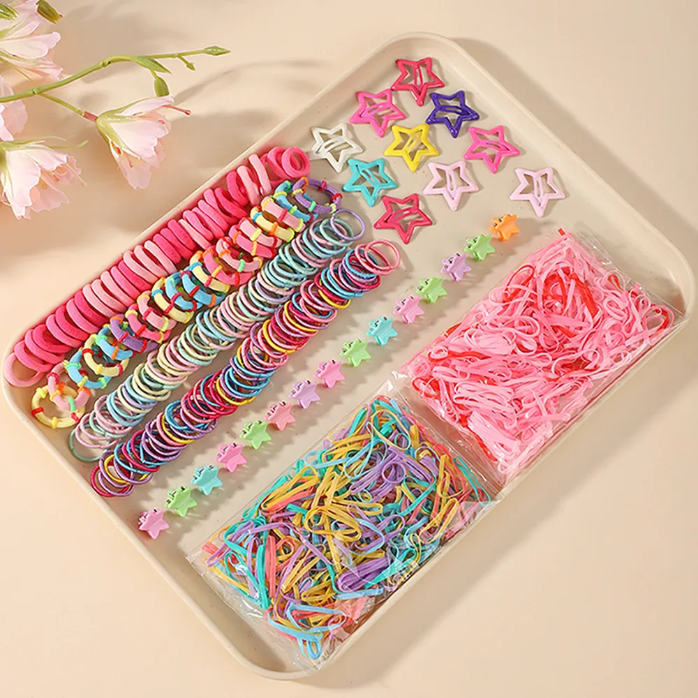 800Pcs Candy Color Kids Hair Set Small Rubber Hair Bands Star Snap Barrettes Daily Hair Accessories for Little Girls