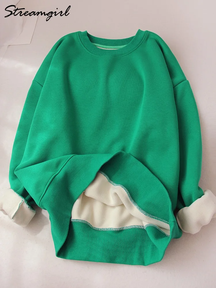 Streamgirl Winter Fleece Sweatshirt Women Oversize Green Tops Loose Thick Velvet Warm Sweatshirts Women Thick Fleece Pullover