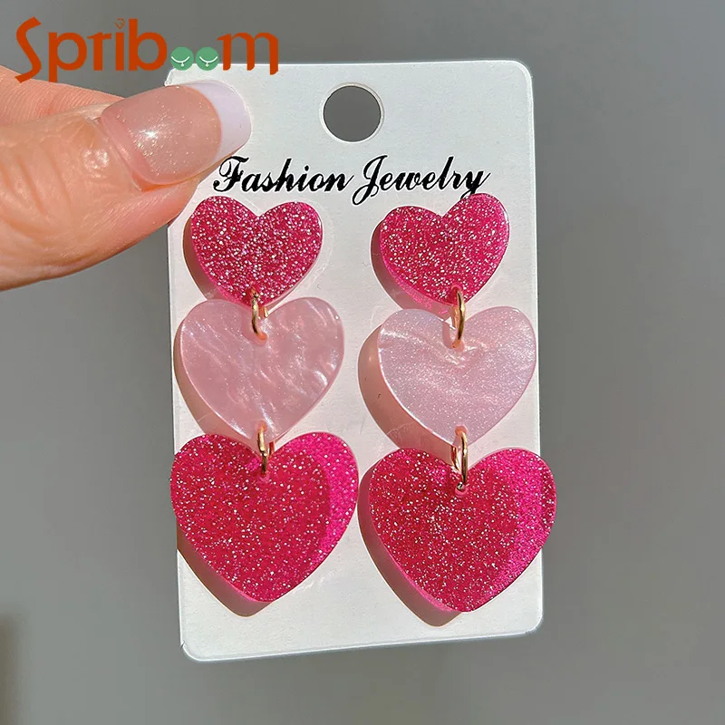 Three-Layer Pink Heart Earrings for Women Sweet Acrylic Drop Earring Texture Jewelry Girls Party Accessories