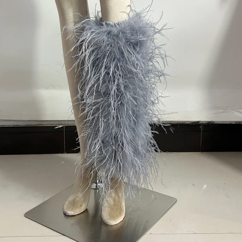 A pair Real fur ostrich feathers Leg Warmers Covers Lady  Knee-length Sock Hot Girl  Boots Socks Punk  Knee-length Hiphop Sock