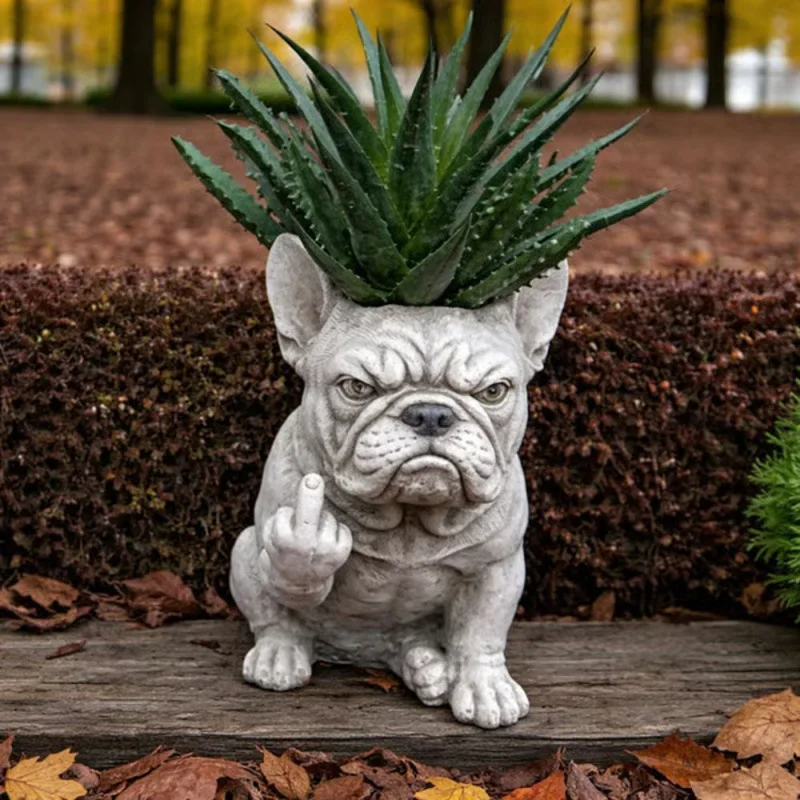 Funny French Bulldog Middle Finger Planter, Resin Bulldog Succulent Pot, Garden Decor Gift for Dog Lovers