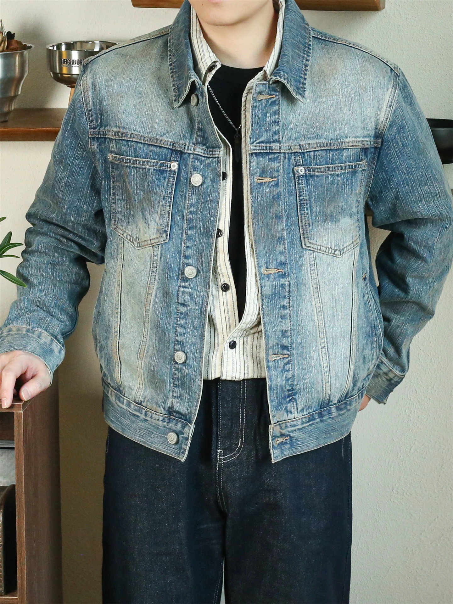 

Retro American ort Denim Jaet Men's Spring Autumn Stand Fit Worn Blue Cotton Bamboo Denim Jaet Youth Trend