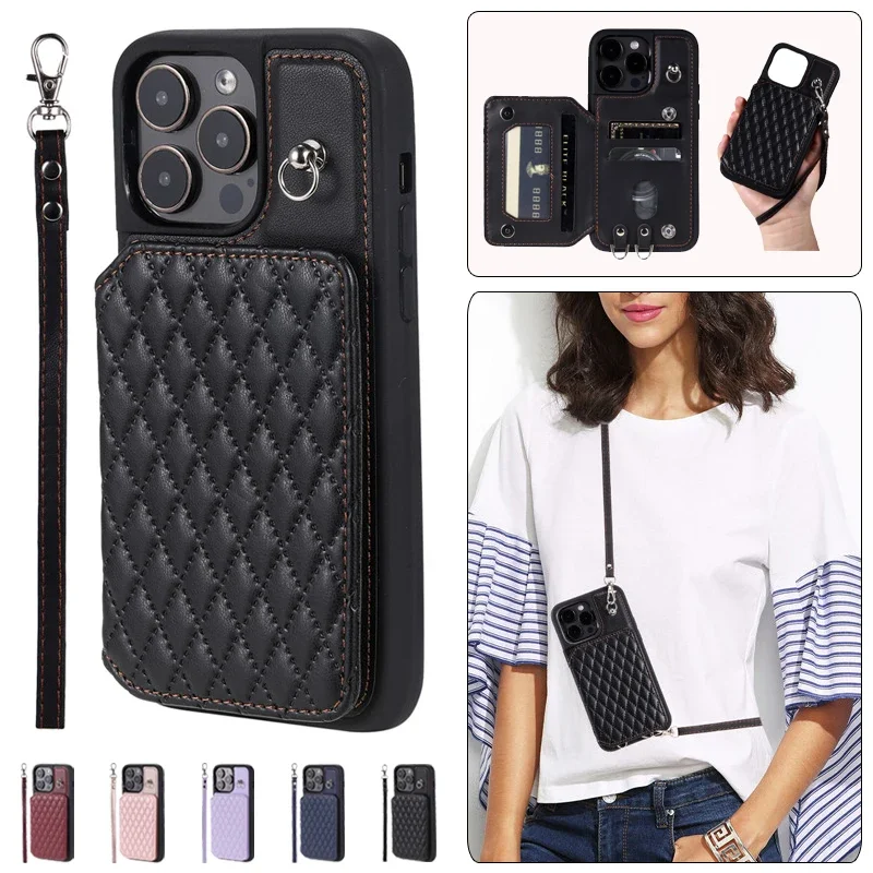 

Crossbody Leather Wallet Card Phone Case for iPhone 15 14 Plus 13 Pro Max 12 11 XR SE 2022 8 7 6S Lanyard Purse Flip Stand Cover