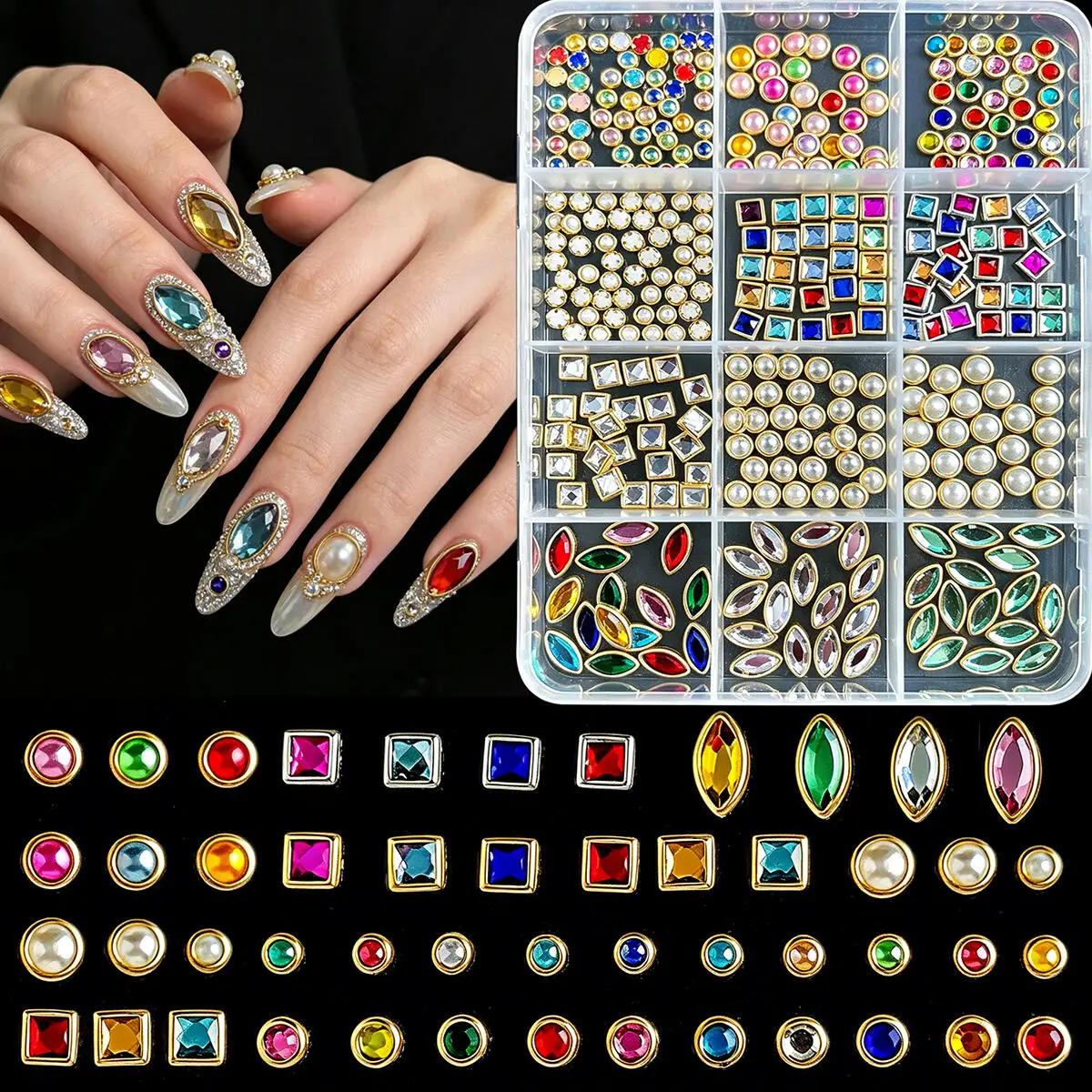 1 Box Mehrstilige Luxus-Legierungs-Nagelcharms 3D Bunte Funkelnde Strass-Verzierungen für DIY-Nageldesign
