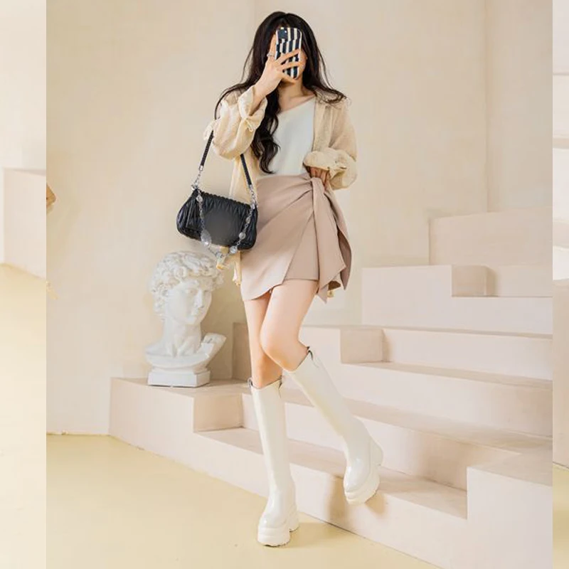 Fujin 11cm Microfiber Leather Platform Wedges Winter Autumn Shoes Plush Knee High Boots Woman Plush Modern Hidden Heel Fashion