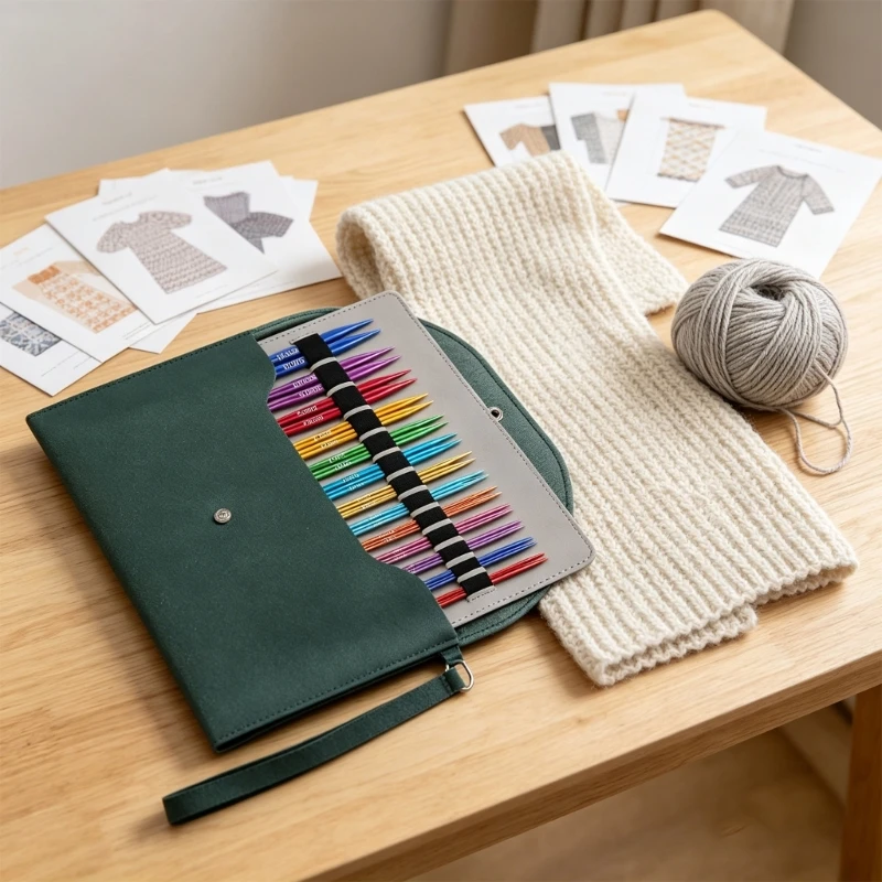 Interchangeable Circular Knitting Needle Set Color Coded Aluminum Tip Circular Needle with Detachable Cords and Carrying 37JD