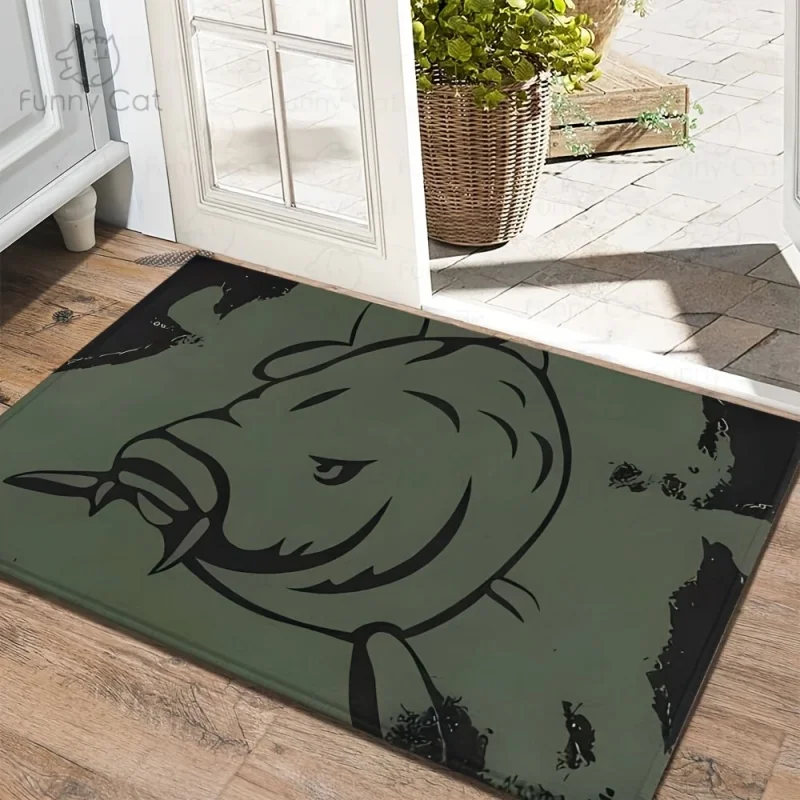 Funny Fish Catfish Door Mat Olive Green Fishing Welcome Rug Grunge Entryway Floor Mat Non Slip Anti Slip Fisherman Gift