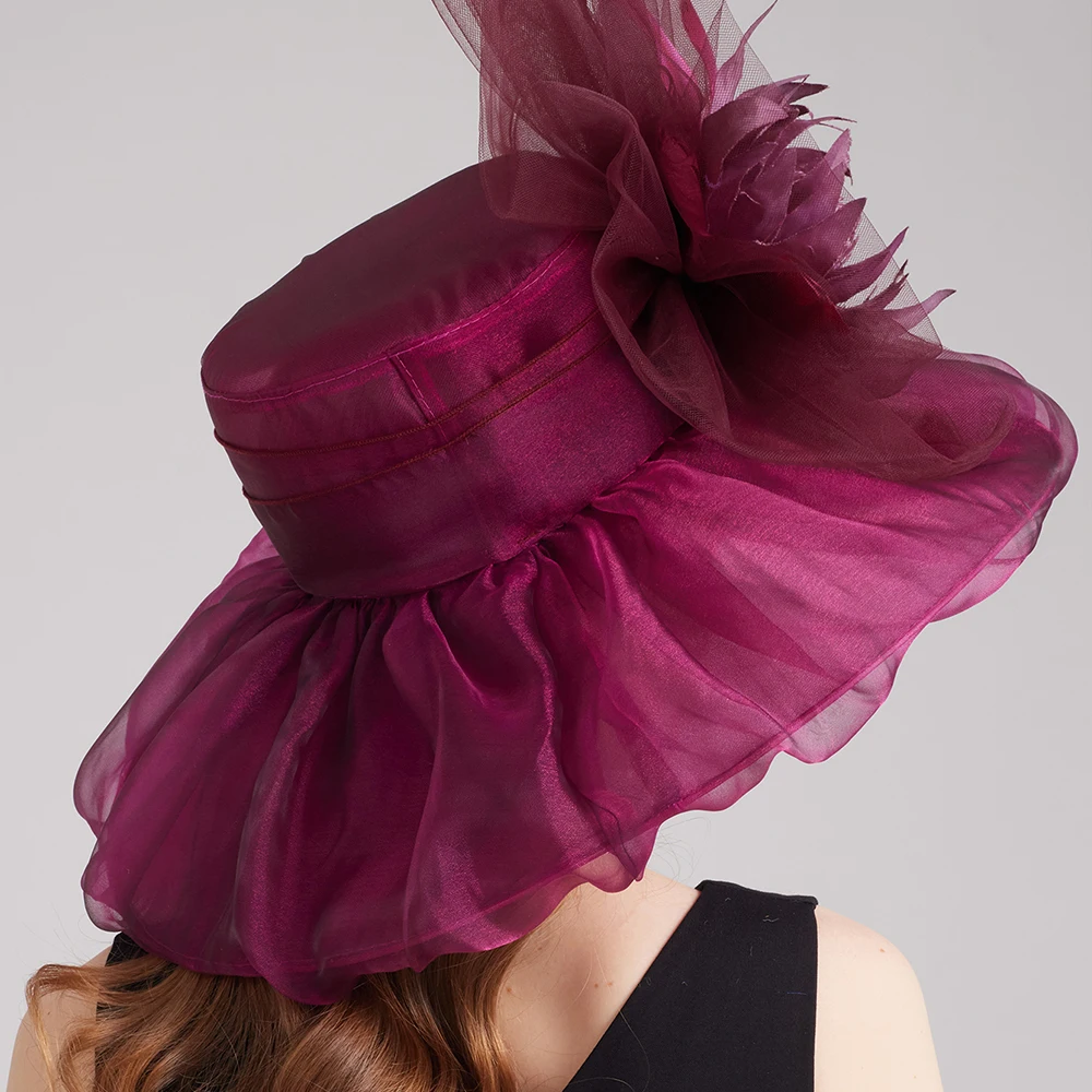 FS Purple Red Luxury Fascinators Hats Flower Church Hats For Women Elegant Organza Wedding Kentucky Derby Cap Chapeau Femme 2024