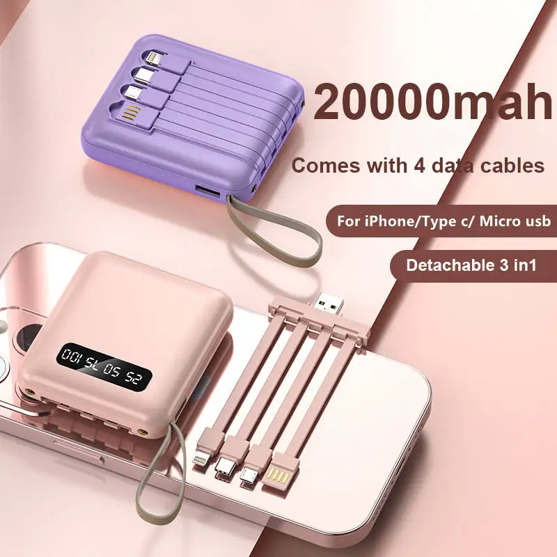 Portable Mini Charger Power Bank with Flashlight LED 4 in 1 Detachable Cable 20000mah Powerbank Slim for All Phones 2024 New