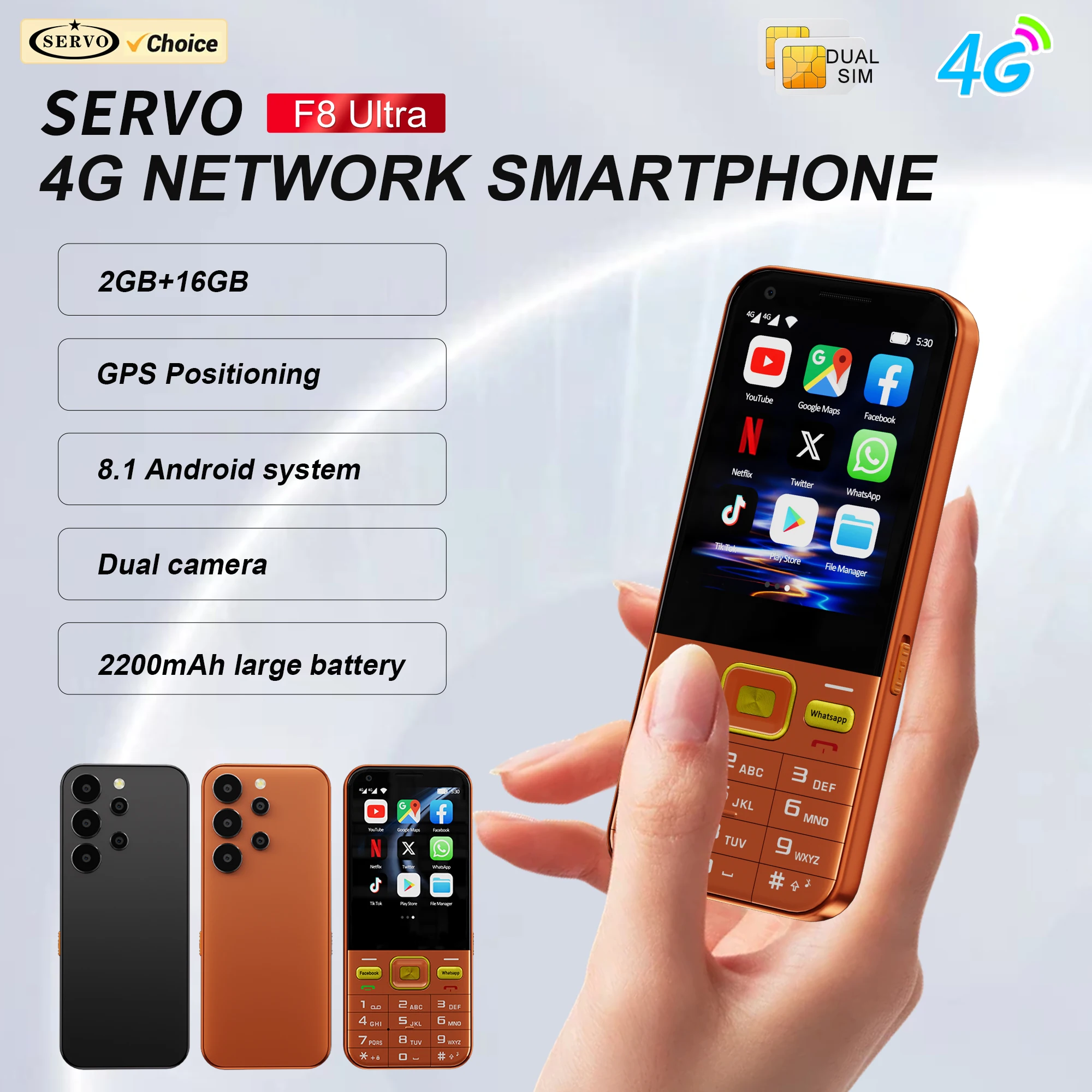 SERVO 4G Smartphone 2.8-inch Touch Screen Android 8.1 2GB+16GB Dual SIM Standby  Flashlight WiFi Button Mobile Phone