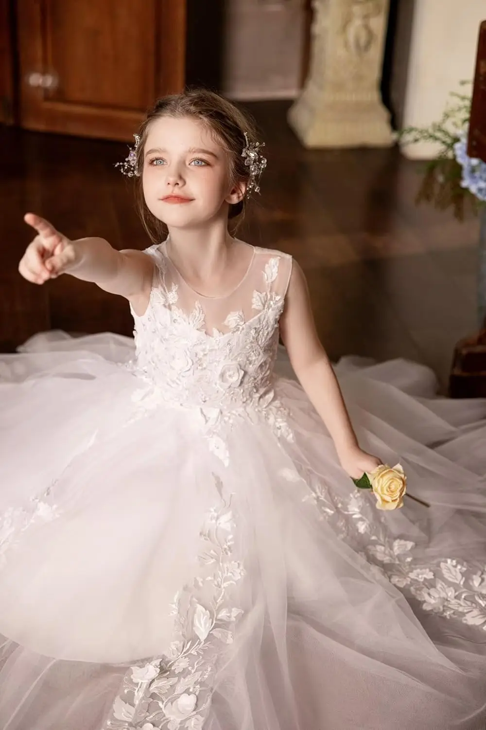 Тюлевые платья с цветочным узором для девочек на свадьбу, платье для первого причастия, кружевное платье подружки невесты для девочек, пышное вечернее бальное платье