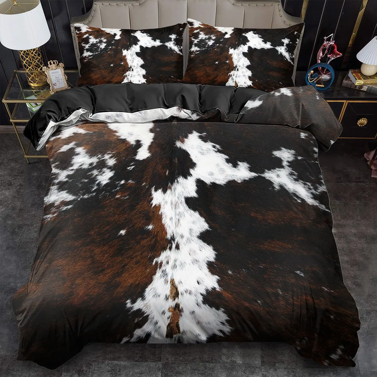 Cowhide Pattern Print Duvet Cover Set King Queen Size Quilt Cover Bedroom Guest Room Decor Machine Washable Bedding