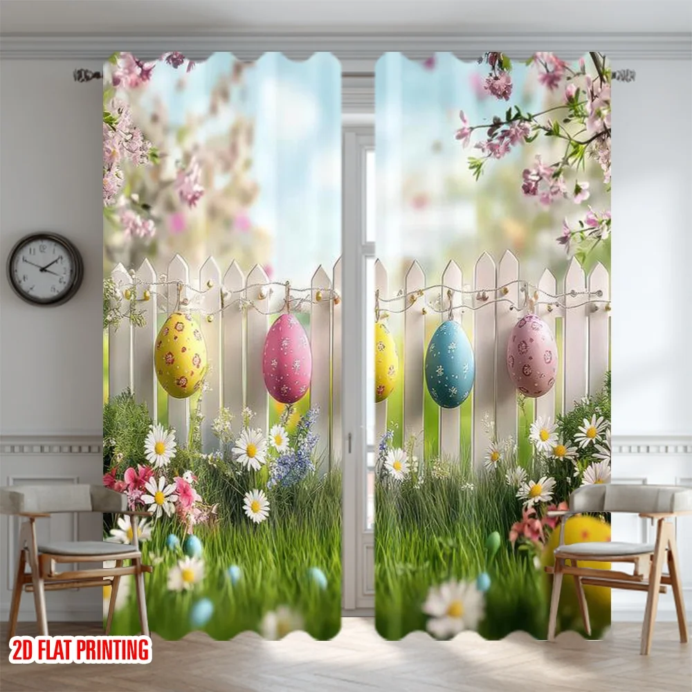 2D flat printing 2pcs Window Treatment Curtains Easter Colorful Eggs Fence Digital Printed Polyester Drapes Seasonal Party &