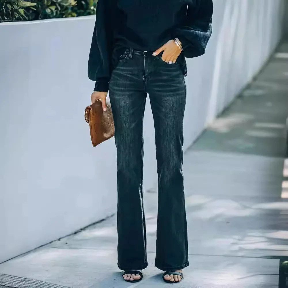 กางเกงยีนส์สีดำทรงสลิมฟิตเอวสูงผ้ายืดสำหรับผู้หญิง สไตล์ตะวันตก รุ่นใหม่ล่าสุดสำหรับฤดูใบไม้ผลิ ช่วยให้ดูผอมเพรียว ใส่ได้หลากหลาย ทรงยาวคลุมเท้า