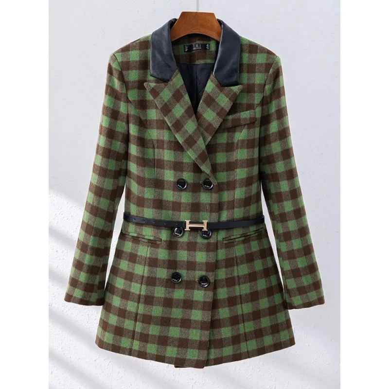 

Winter Women Suit Thick Blazer With Belt Ladies Female Pink Apricot Green Plaid Long Sleeve Breasted Work Wear Jacket Coat