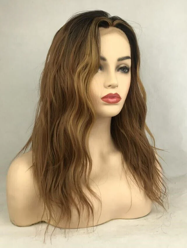 Medium Length Wavy Dark Roots Brown Human Hair Blend Wig Synthetic Lace Front Wigs