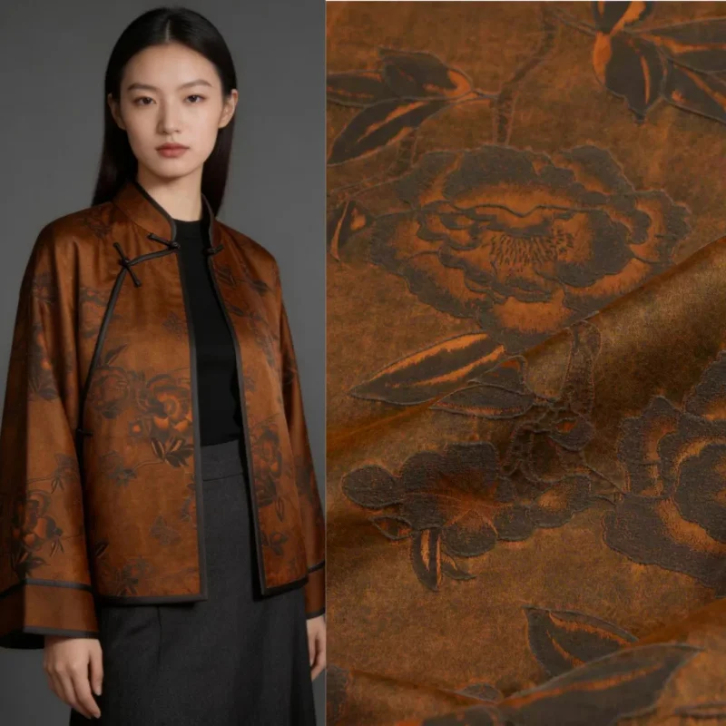 Vintage Caramel Brown Butterfly Peony Jacquard Satin Fabric Hanfu Outerwear Vest Apparel Textile Sewing DIY Material Wholesale