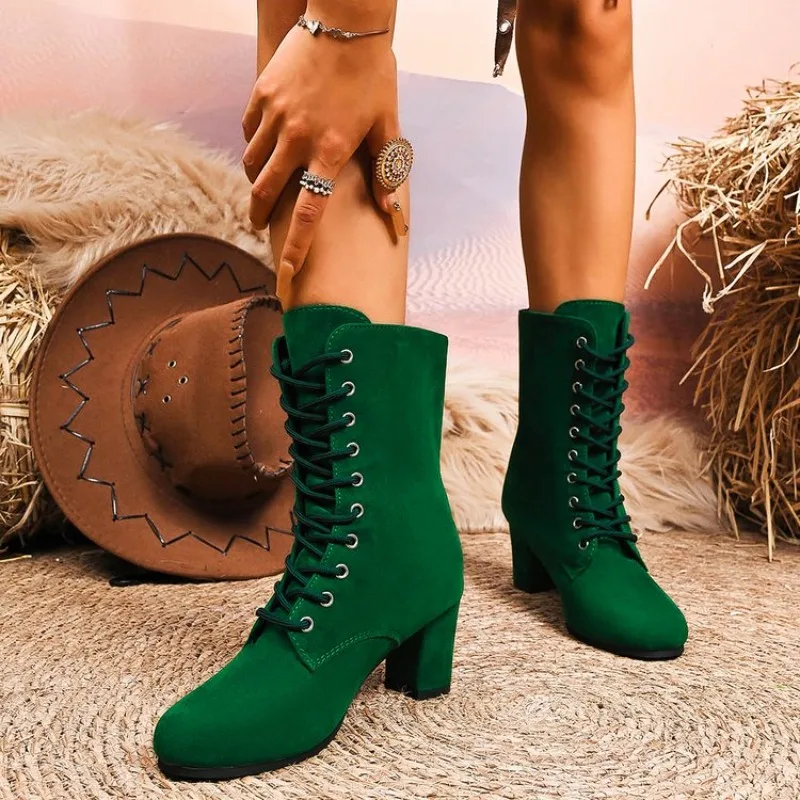 Hot Selling Autumn Suede Mid-calf Boots Fashion Woman Middle Heels Knee High Riding Boot Female Shoe Women's