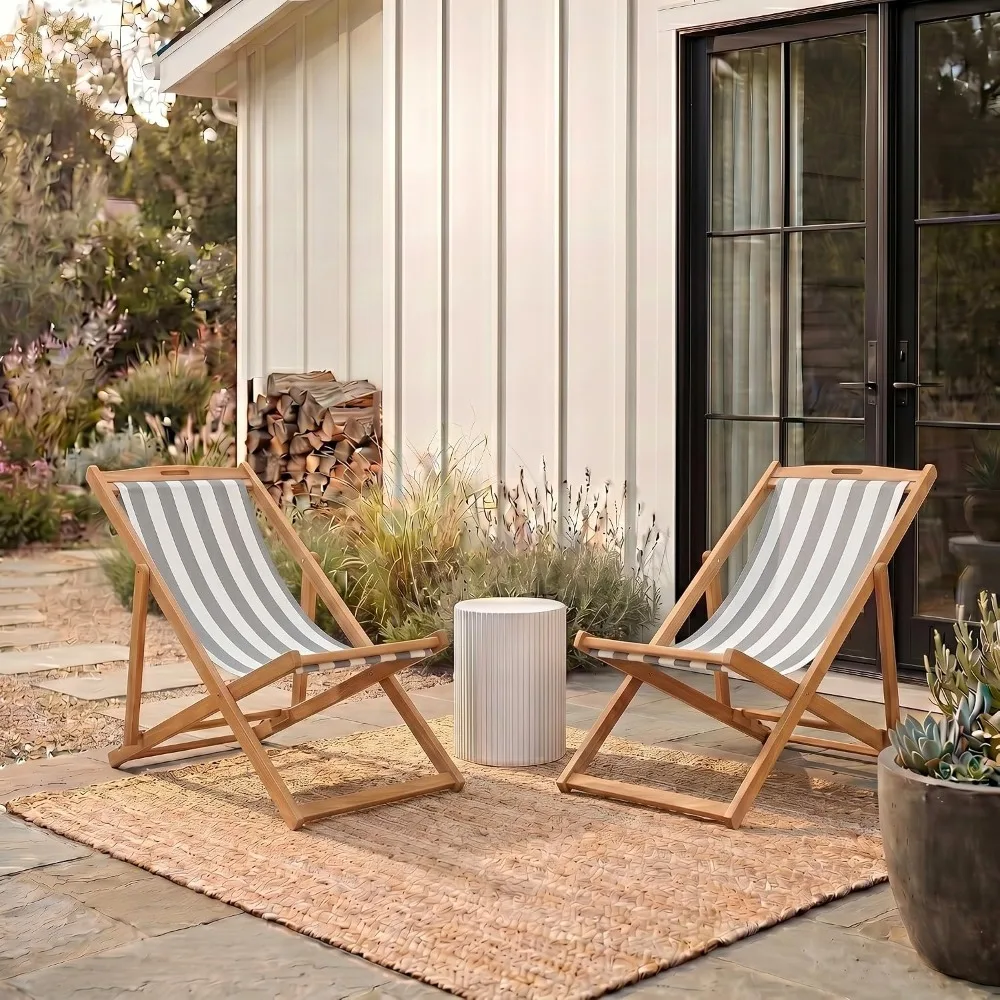 Folding Sling Chair Set of 2 - Portable Outdoor Bistro Design, Brown & Grey Stripe, 24
