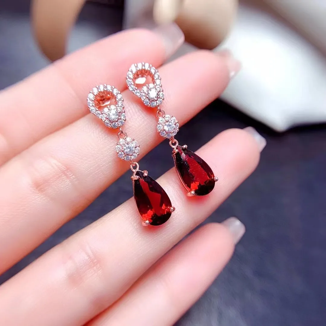 

FS 7*12 Natural Garnet Drop Gem S925 Pure Silver Earrings Fine Fashion Wedding Jewelry for Women MeiBaPJ Spring New