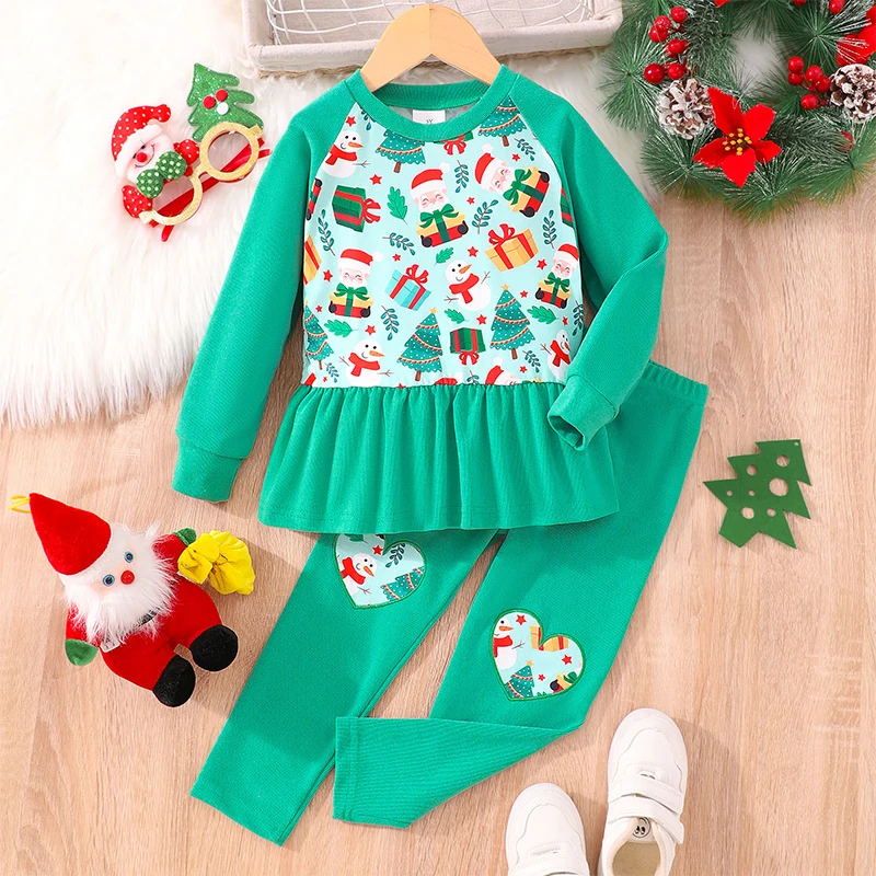 Girls Christmas Outfit Long Sleeve Cartoon Pattern Print Sweatshirt Tops and Green Pants Set with Festive Design