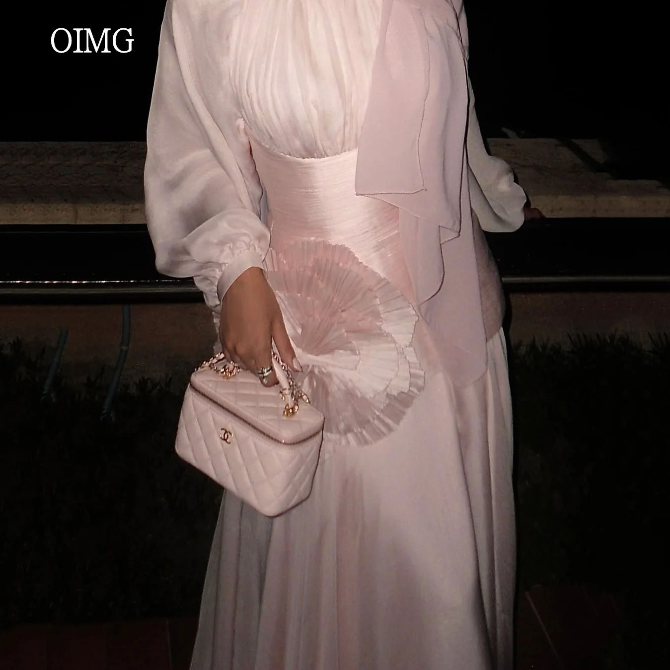 

OIMG Pink 3D Flower A Line Prom Gowns Long Sleeves O Neck Party Gown Chiffon Floor Length Evening Dress Customized