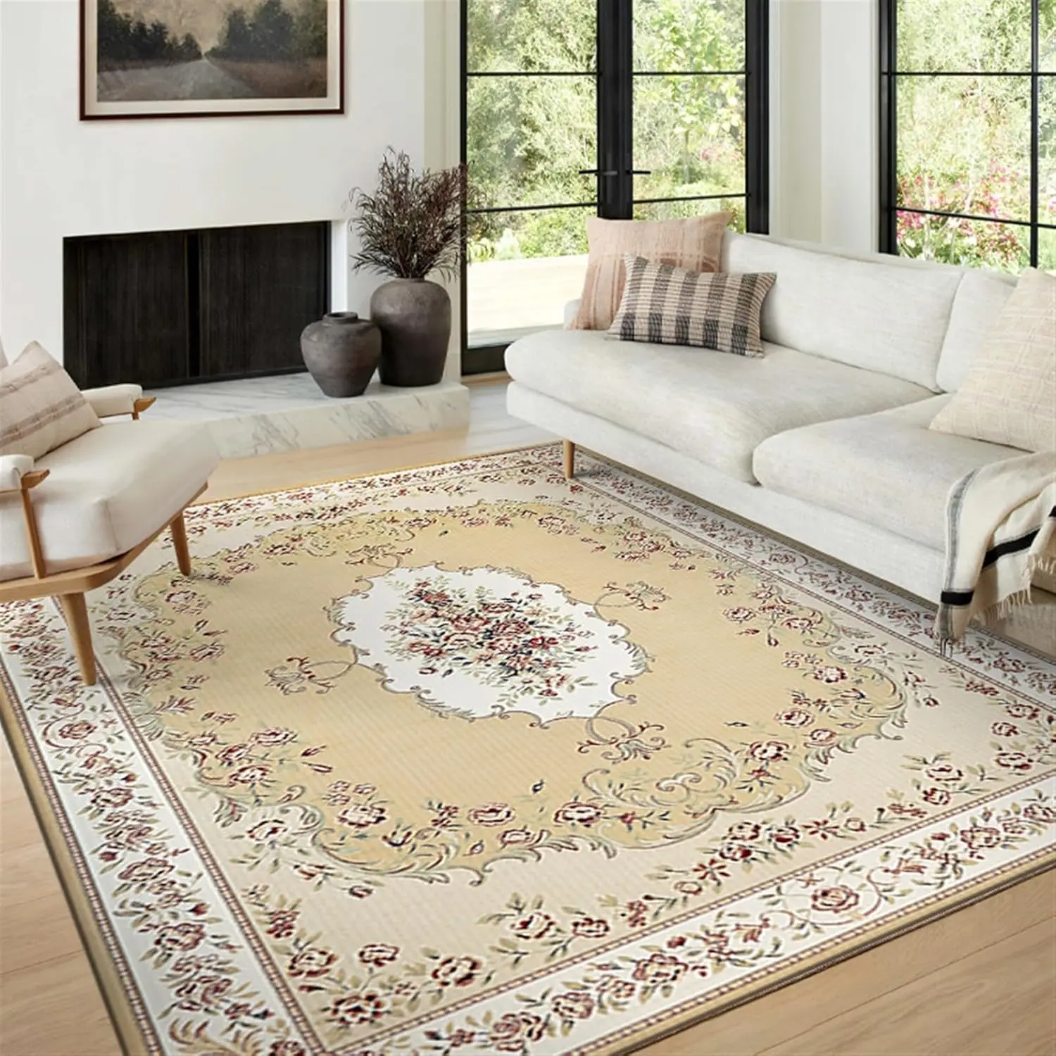 VIKAMA Vintage Persian Floral Carpet, Non-Slip and Washable, Living Room and Bedroom Rug, Hotel and Airbnb Decorative Carpet