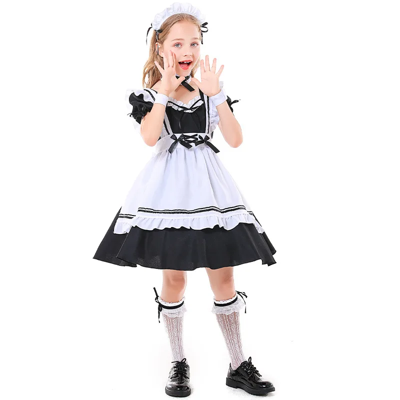 Anime Lolita French Maid Cosplay Costume para crianças, vestido de garçonete preto e branco para meninas, Halloween Party Costumes