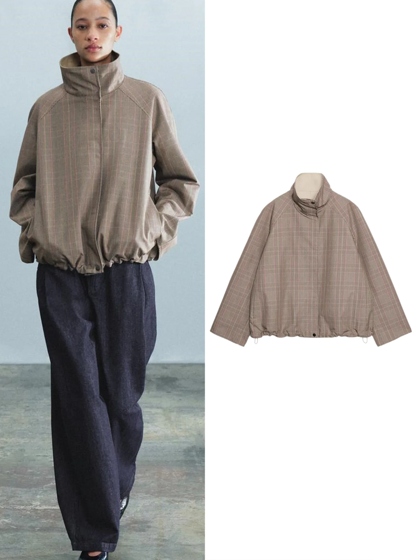 Autumn New Women's Long Sleeve Stand Collar Puffy Straight Hem Two-Sided Wear Short Coat Casual Style Polyester Fiber Zipper