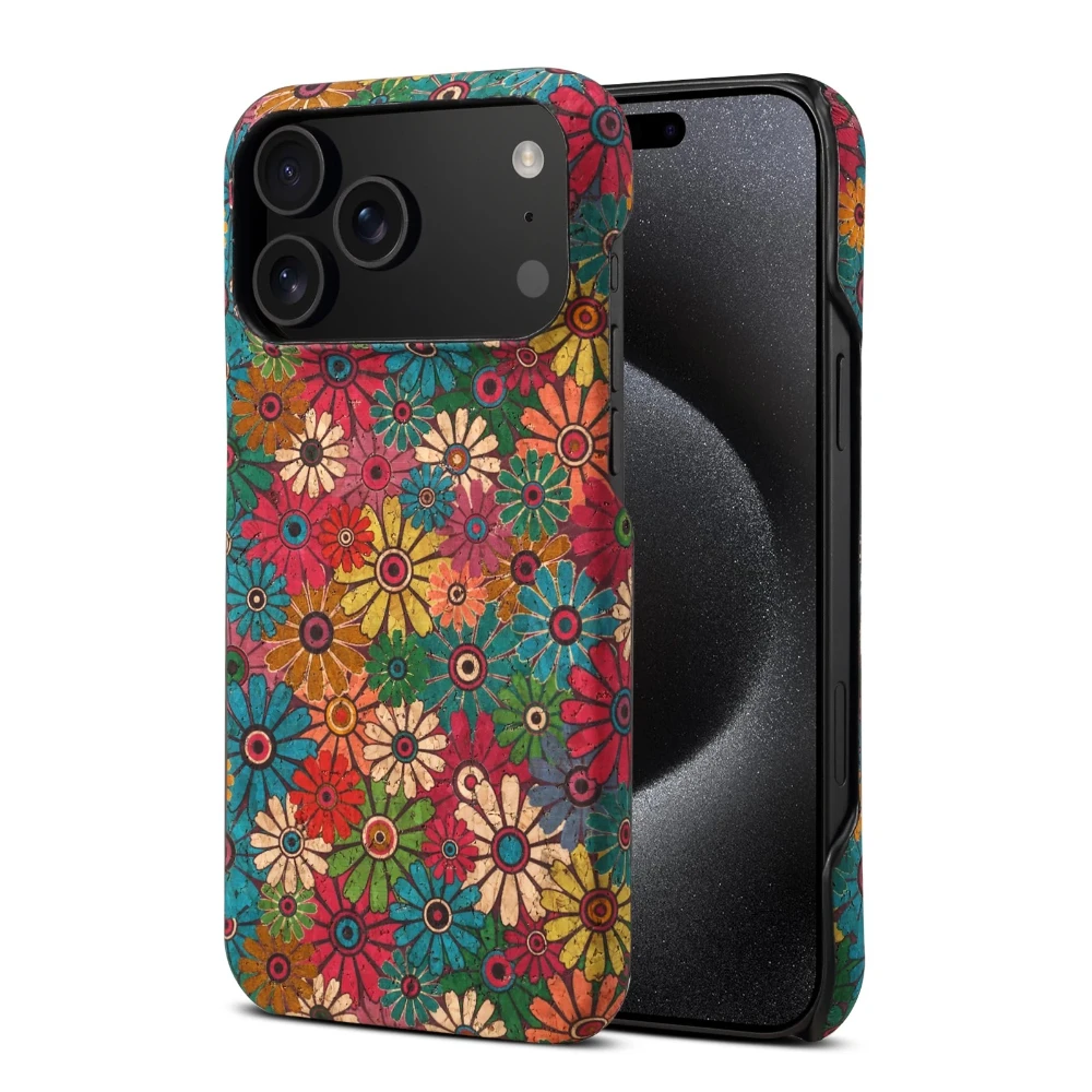 

Wireless Charging Phone Case for IPhone 16 Pro Max 17 Air 15 Plus 14 13 Pro Flower Design Cork Fabric Synthetic PU Leather Cover