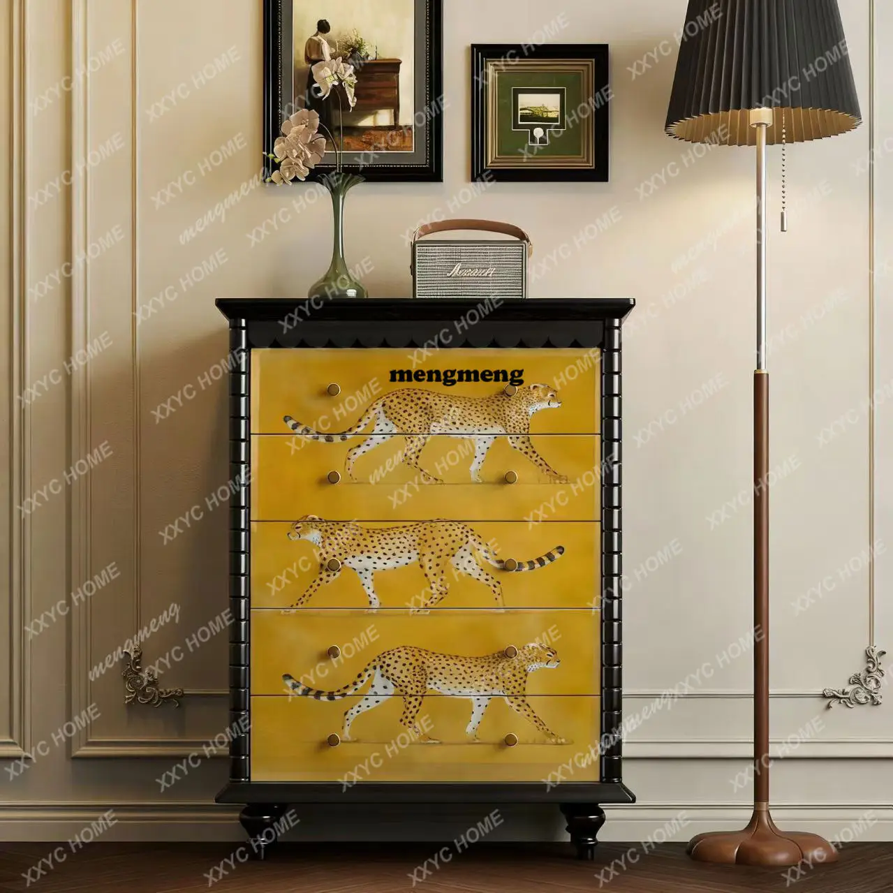 DVChinese classical flower and bird pattern chest cabinet living room bedroom locker solid wood   drawer cabinet