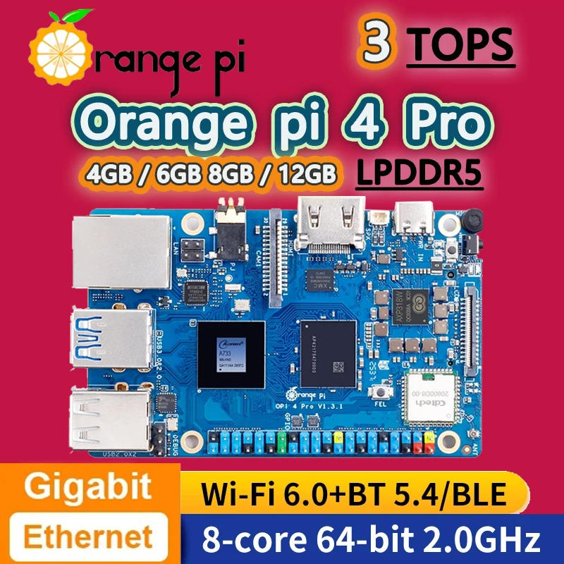 Orange Pi 4 Pro 2GB/6GB/8GB/12GB LPDDR5 Board Allwinner A733 Chip 3Tops NPU Wi-Fi6.0+BT5.4 M.2 M-Key Slot Single Board Computer