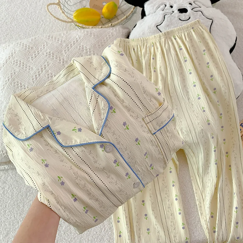 Pijamas florales de estilo antiguo chino para mujer primavera y otoño nueva ropa perezosa de manga larga para el hogar traje de tela arrugada