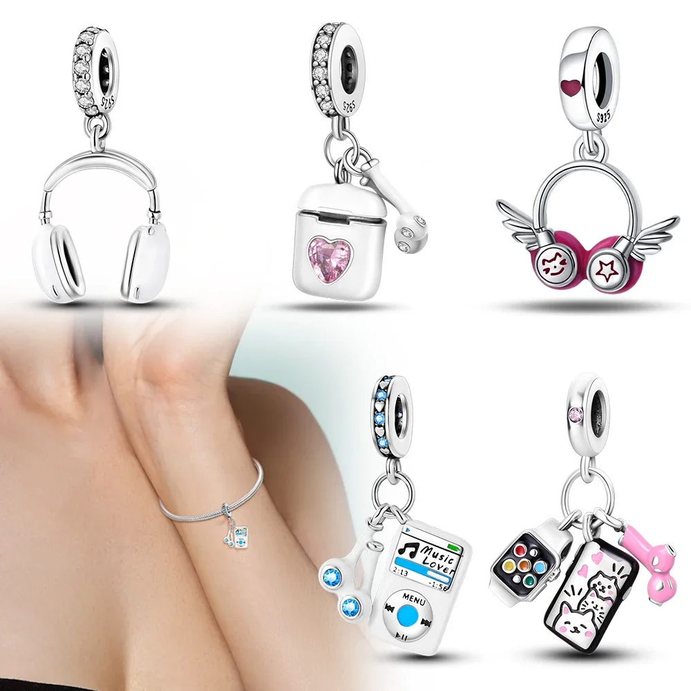 925 Sterling Silver Headphone Charm Pendant fit Bracelets and Necklaces Dangle Pendants Fine Jewel Official Mall