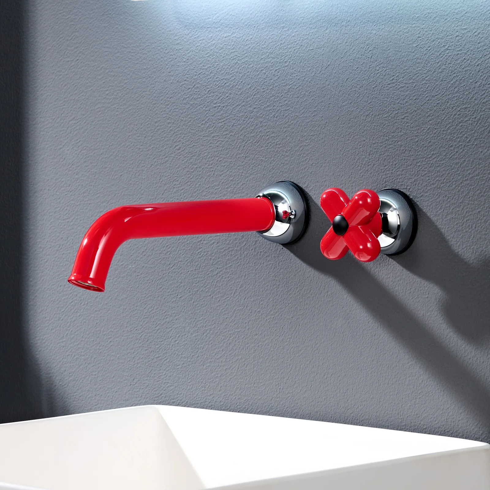 Red Wall Mount Faucet with Cute Little Red Flower Design Handle Bathroom Sink Basin Water Mixer Tap