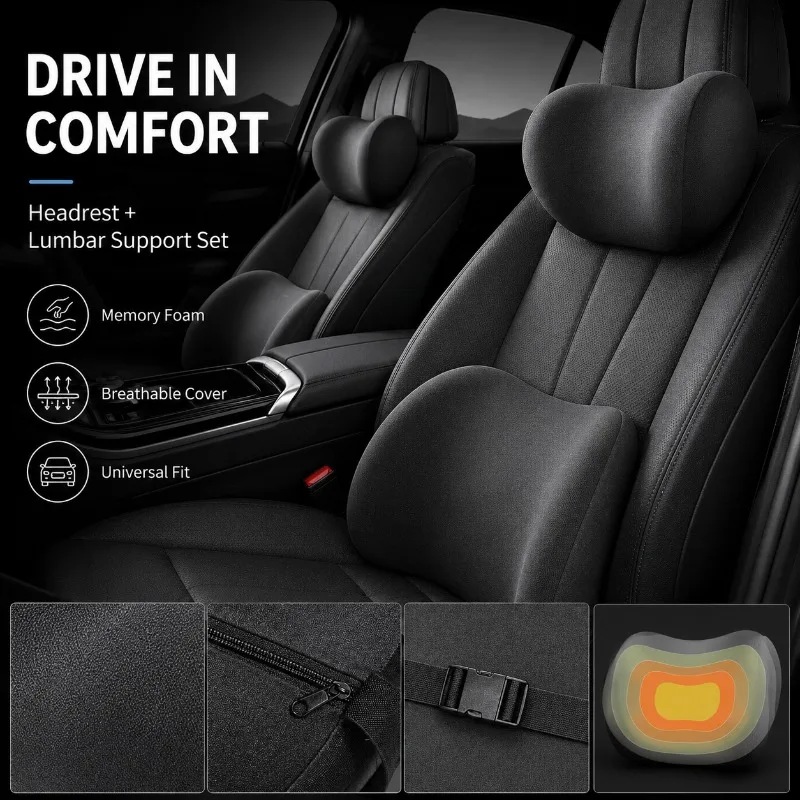 Car Headrest Neck Pillow and Lumbar Support Cushion Set, Memory Foam Back Waist Pillow for Auto Seat Driving Comfort