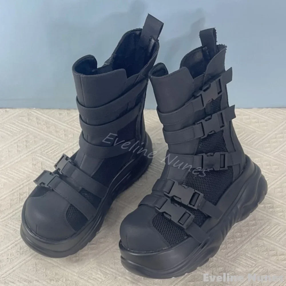 Platform Buckle Strap Motorcycle Boots Women Black Side Zipper Big Toe Mid Calf Boots 2025 New Punk Rock Style Hottie Work Boots
