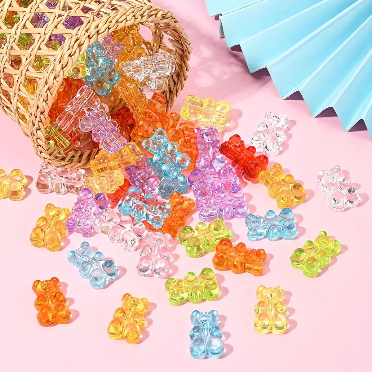 50PCS Random Color Acrylic Beads with Clear Bear-Shaped Spacer Beads, Cute Bear Charms for DIY Bracelet Jewelry Making