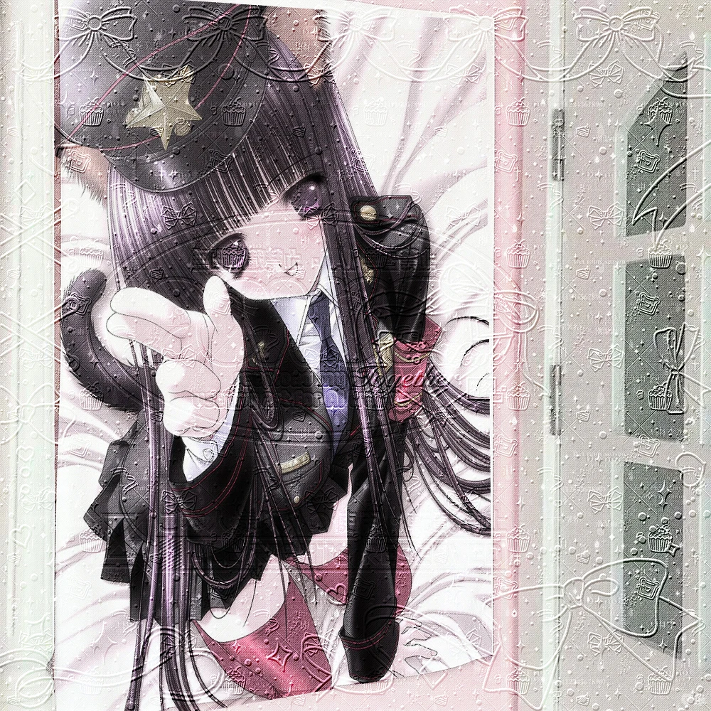 Jirai Kei Uniform Tapestry, Cat Ear Anime Girl in Black Military Outfit with Red & Pink Details, ダークカワイイ Dark Kawaii Wall Cloth