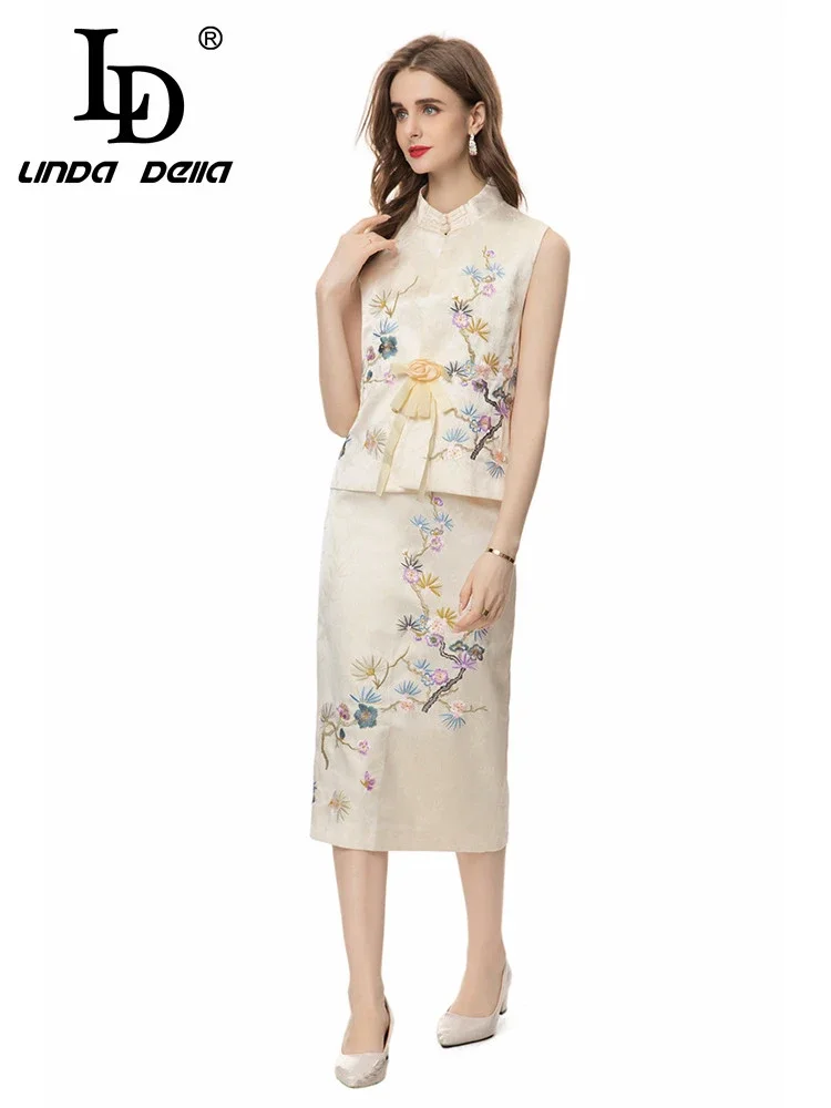 LD LINDA DELLA 2024 Summer Elegant Temperament Skirt Sets Women's Embroidery Floral Appliques Sleeveless Top+Skirt 2 Pieces Set