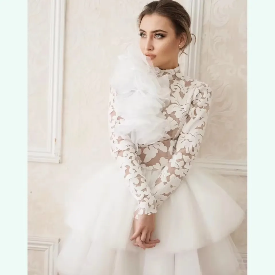 Boho Designs Long Wedding Party Dresses with Sleeves Applique Tulle Prom Gown High Low Custom Made Backless Ruffle Bride Dress