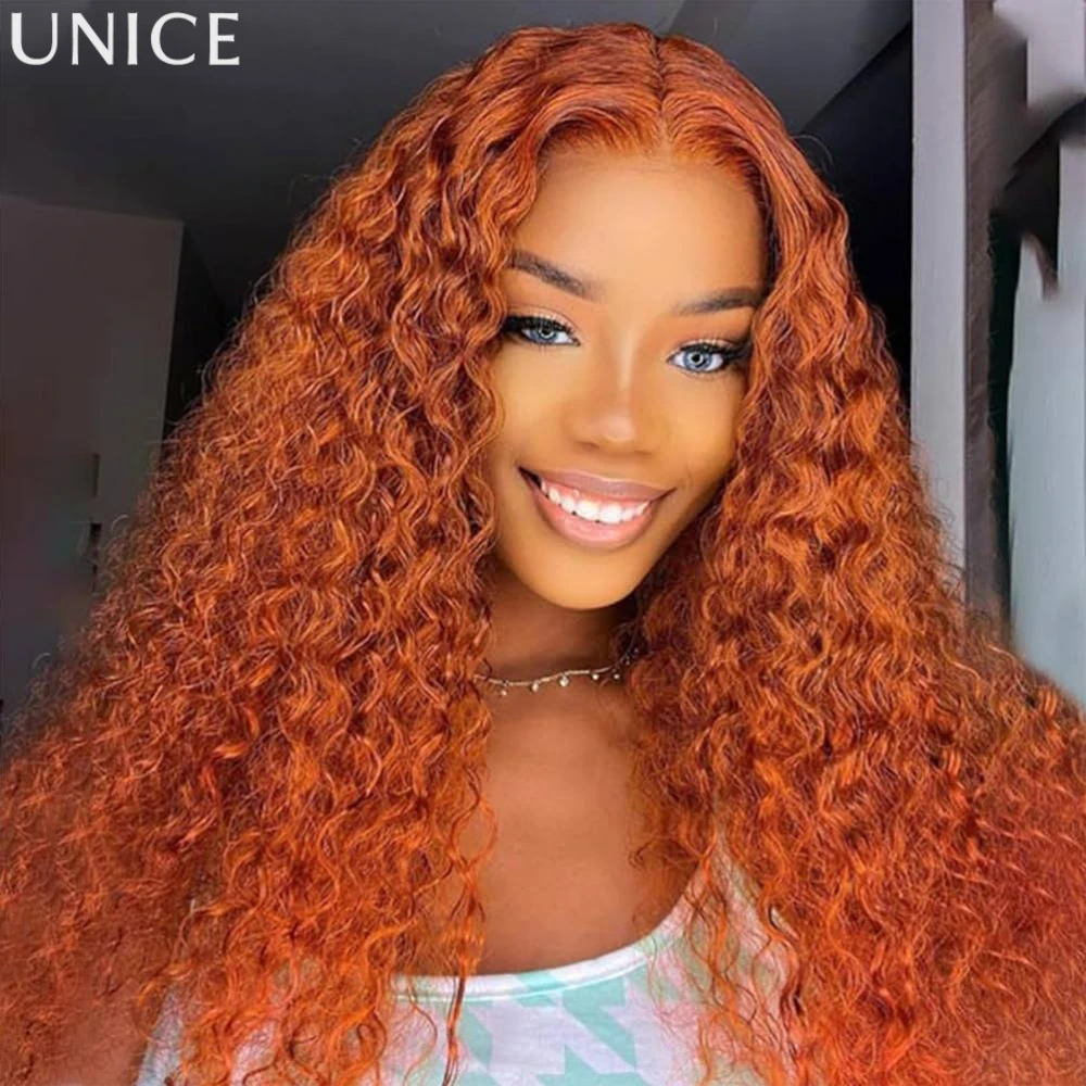 UNice Ginger Curly Human Hair Wig With Drawstring Pre Cut Pre Bleached 4x2 Lace Front Human Hair Glueless Wig 150% Density