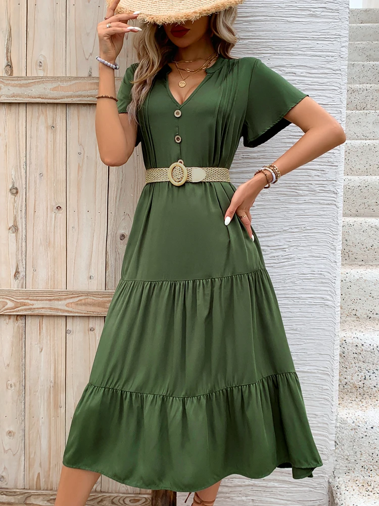 JIM & NORA 2024 summer Europe and the United States hot V-neck loose comfortable dress ruffled short sleeve skirt