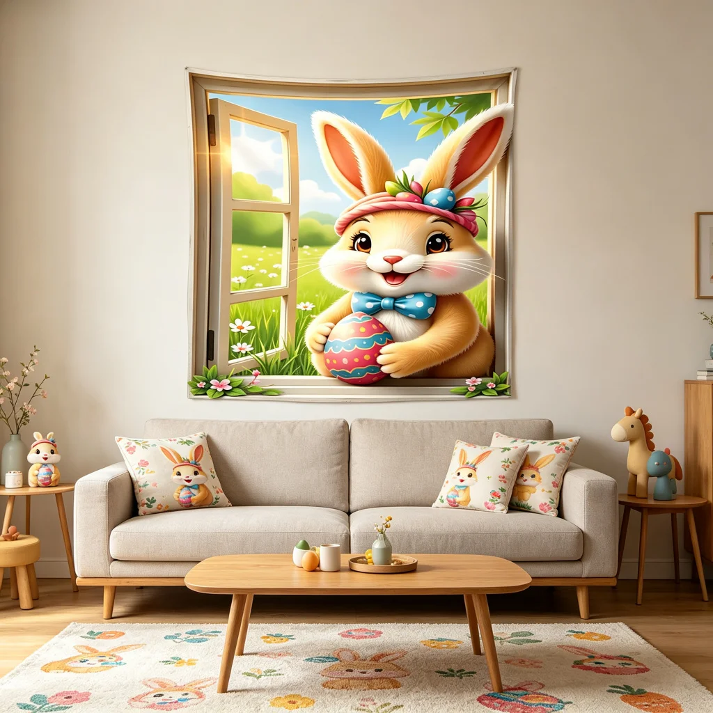 1PC Easter Rabbit Window Art Print Backdrop Banner, Bedroom Living Room Photo Background, Polyester, Home Decor, Wall Art