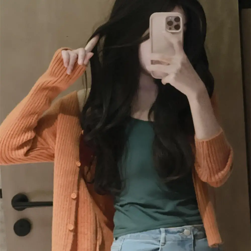 

Облегающий вязаный свитер оранжевого цвета с V-Ne Brued Texture Dstring Ультра утягивающий открытый кардиган для поездок на работу Sle Long Sve Pure Color