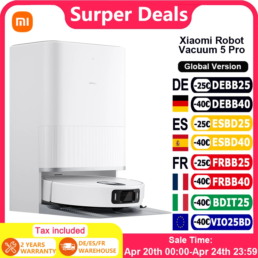 Version globale du robot aspirateur Xiaomi 5 Pro, aspiration 20000 Pa, vid�o HD, appels unidirectionnels, brosse lat�rale, auto-nettoyage (X20+ Super Upgrade)