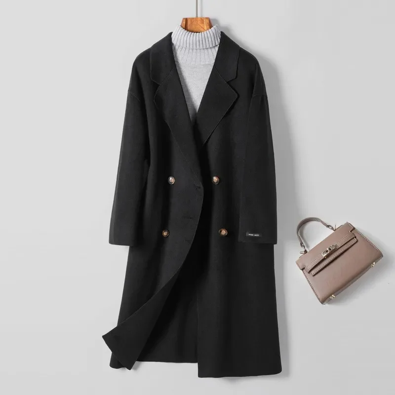 

2025 Fashion Double-sided Cashmere Coat Women's Long Wool Overcoat Autumn Winter Double-breasted Slim Woolen Coats Windbreaker