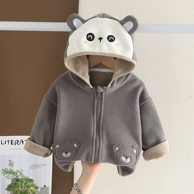 Kids Winter Polar Fleece Hooded Jacket Cute Cartoon Bear Patch Zipper Coat Boys Girls Thick Warm Casual Outerwear 0-5 Years