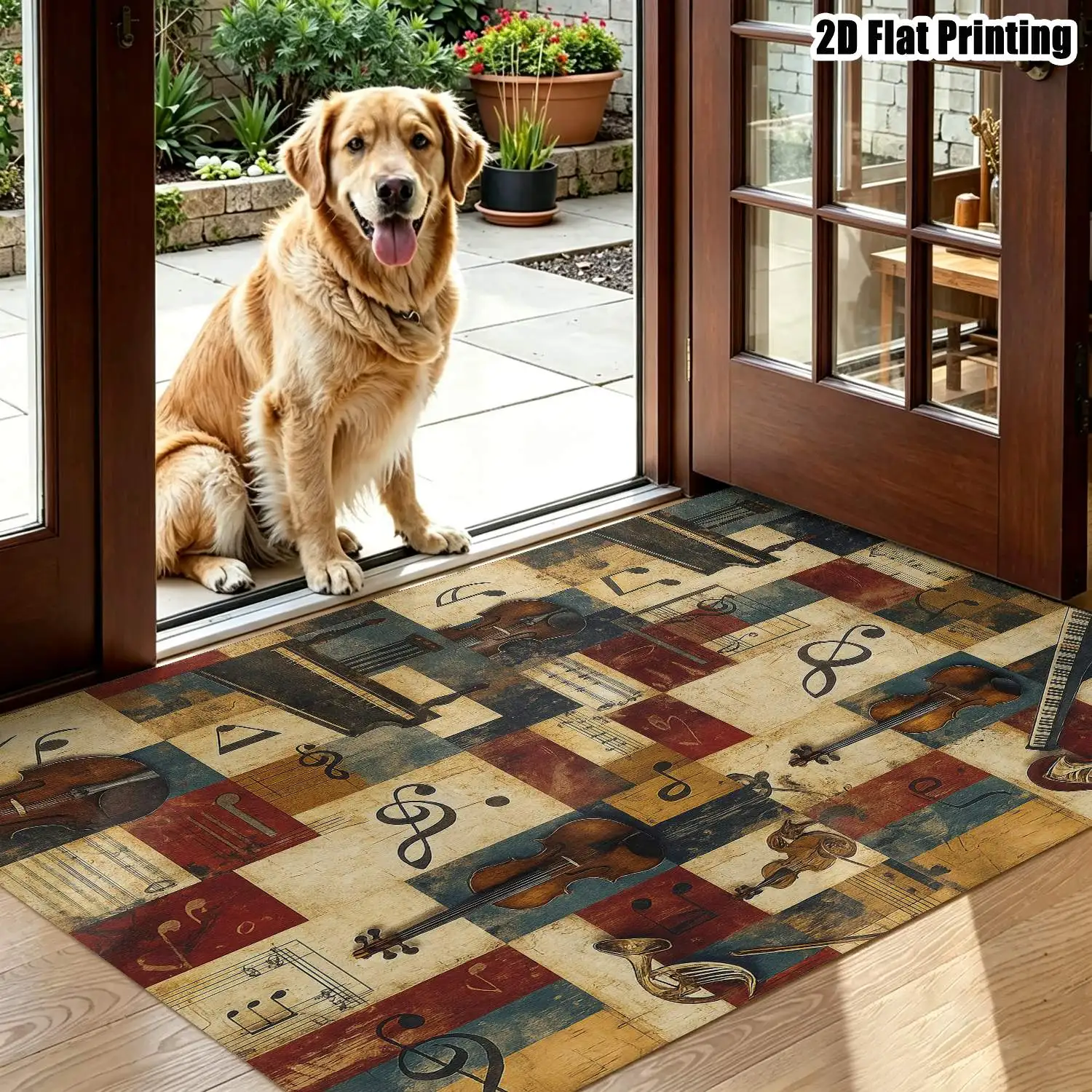 1Pc 2D Printed Retro Musical Note Pattern Carpet, European Geometric Striped, Washable, Multi-Size Home Decor Mat for Entrance, Dining, Bedroom, Study