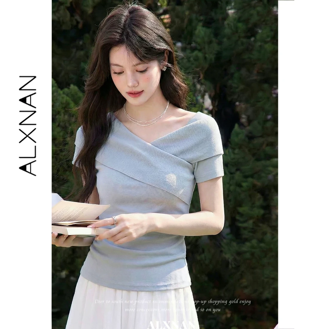 ALXNAN Blue T-shirts Cross V-neck Knit Short Sleeve T-shirt Women 2026 Summer Elegant Casual Fashion Female Clothing L62865A-1